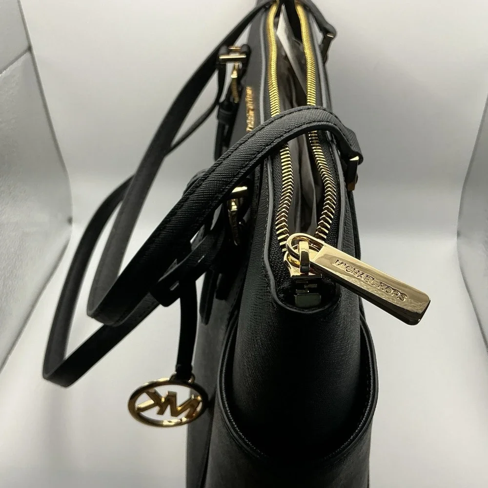 Michael Kors Charlotte Large TZ Tote Black Leather Shoulder Bag Gold NWT